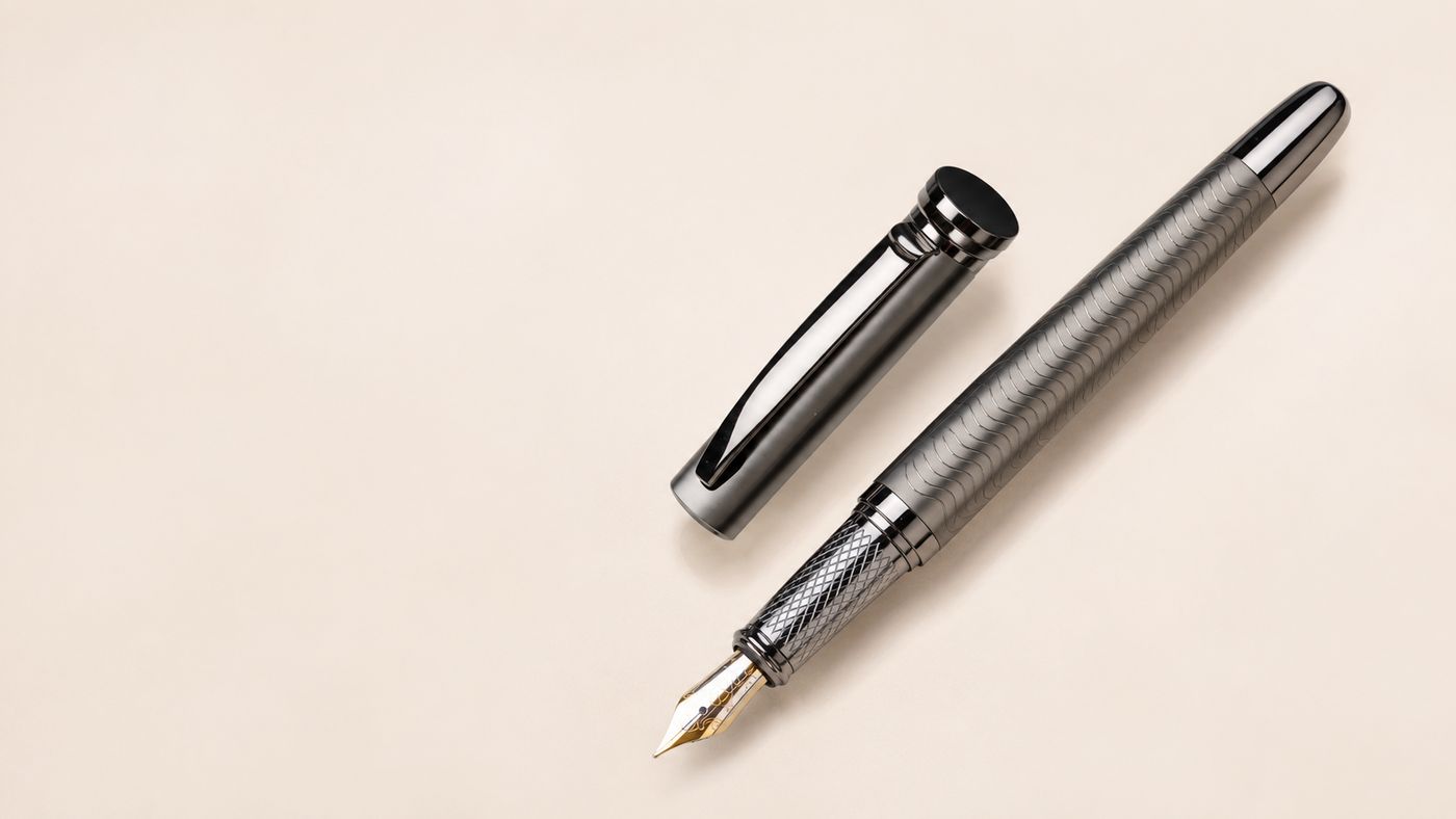 The Executive fountain pen, uncapped, on a cream studio background