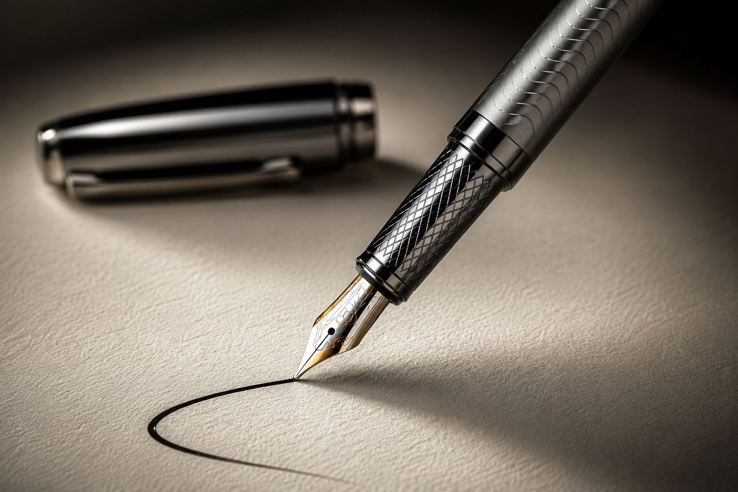The Executive drawing a smooth unbroken ink line across textured paper