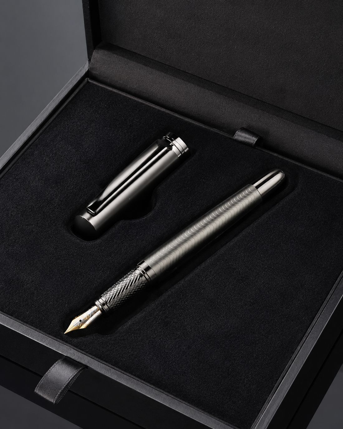 The Executive fountain pen seated in its black presentation gift box