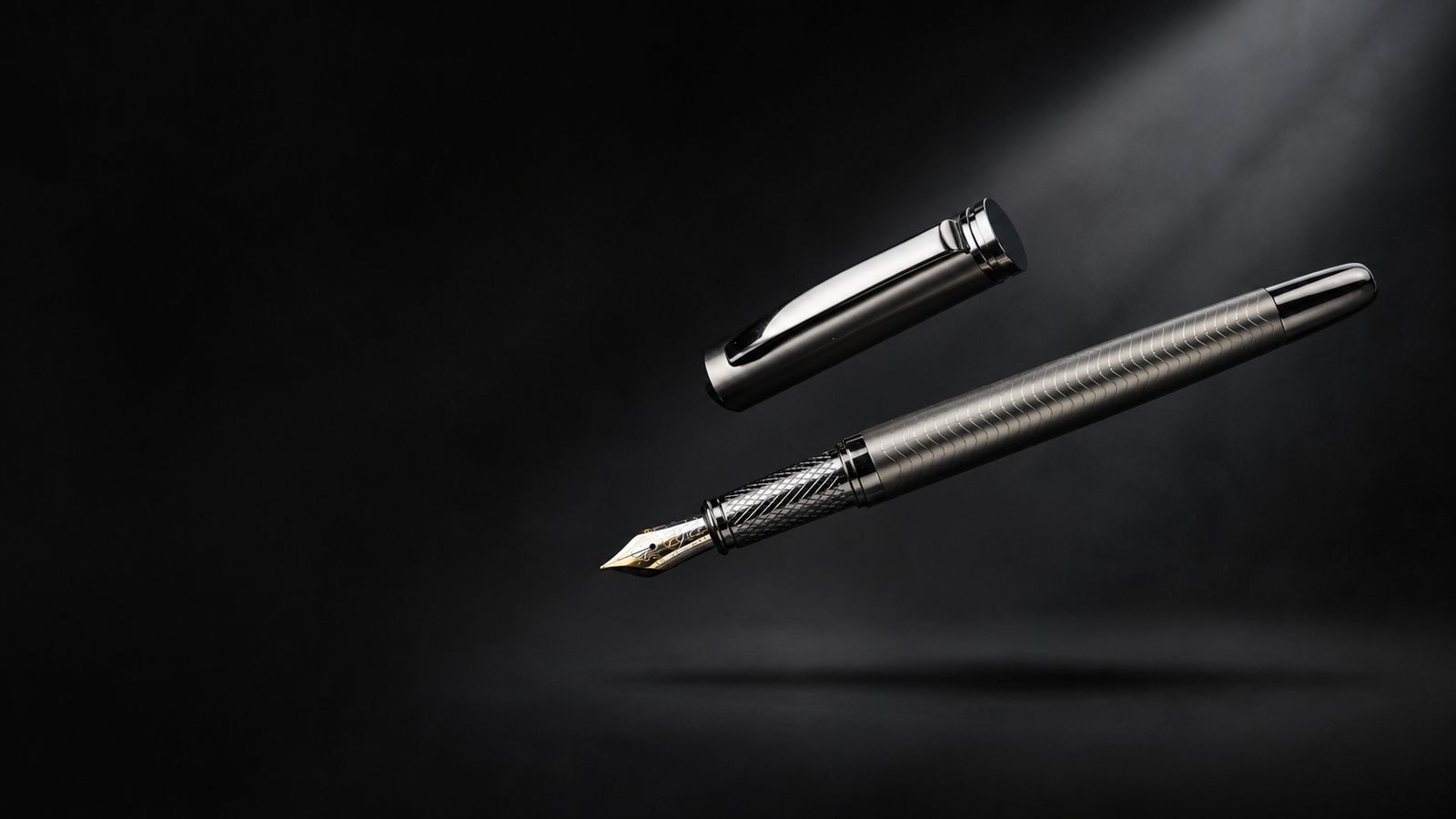 The Executive fountain pen and cap suspended over a black studio backdrop, gold two-tone nib exposed