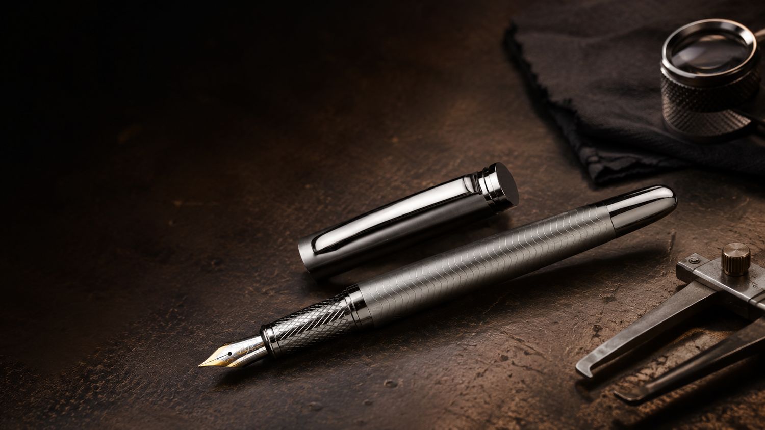 The Executive fountain pen on a craftsman's bench beside calipers and a jeweler's loupe